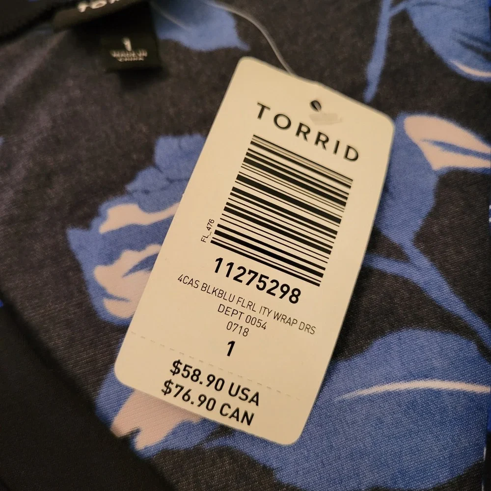 Torrid 1 Dress Black Blue‎ Floral Faux Wrap Stretch Comfort Modest Summer Swing